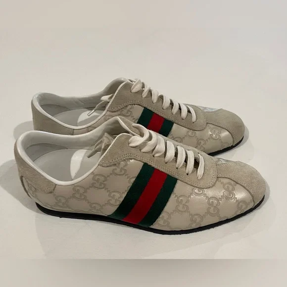 GUCCI Guccissima Leather Monogrammed GG Suede Striped Sneaker, Size 7 - Picture 3 of 10